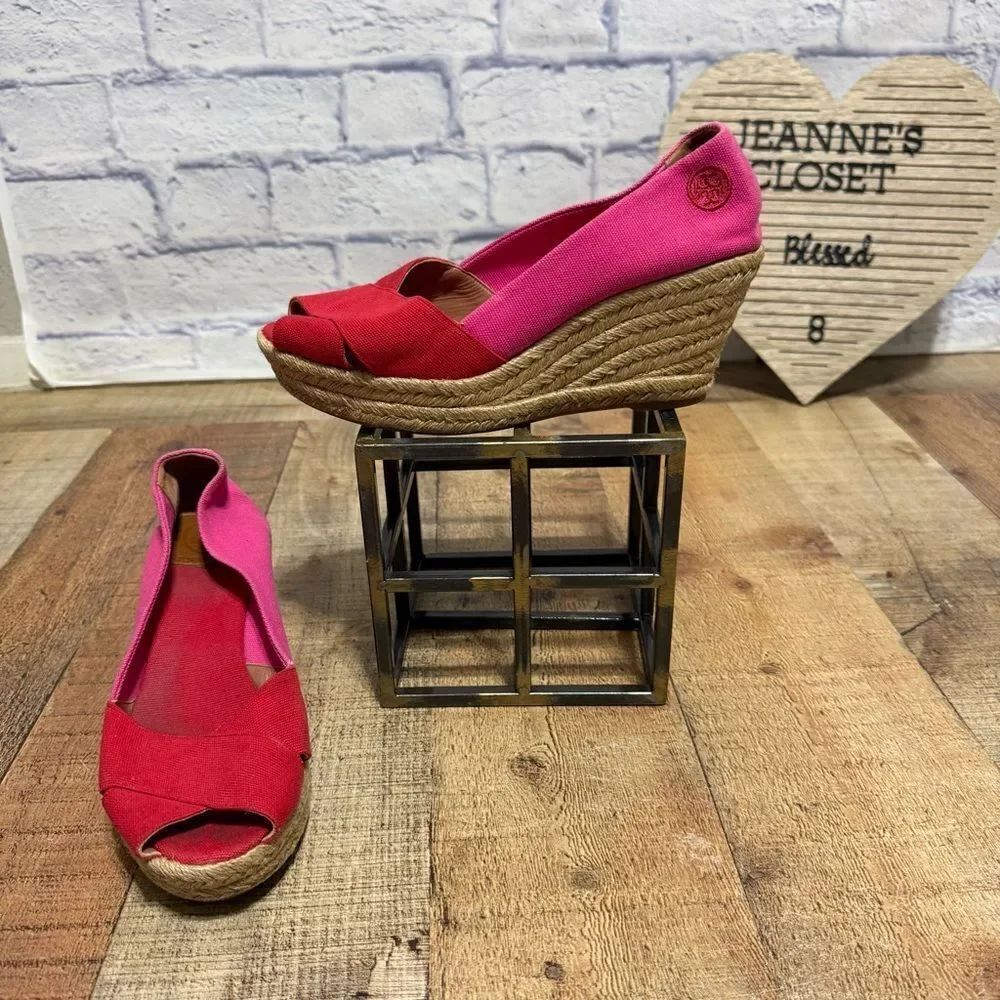 Tory Burch Filipa Colorblock Espadrilles Pink Red Wedge Heel Size